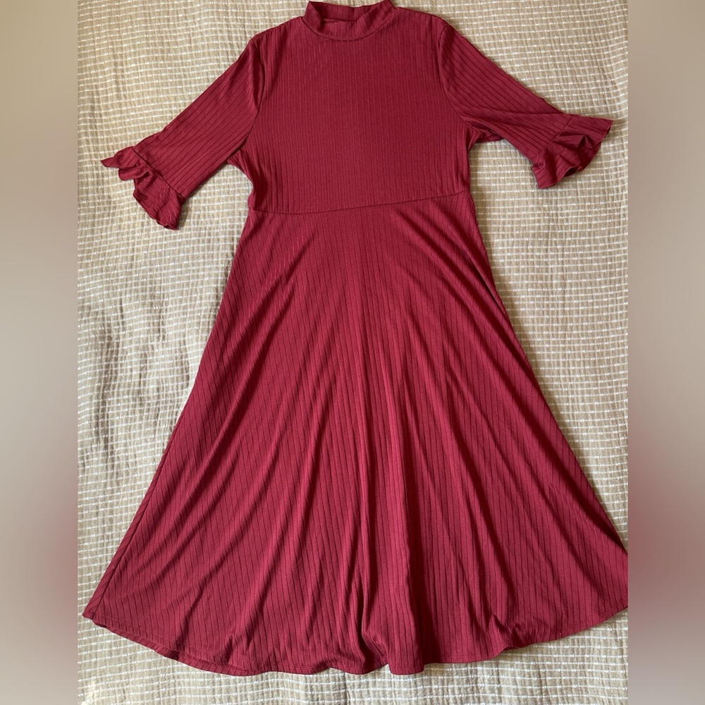 Verdusa Amazon Ruffle Half Sleeve Fit and Flare Midi Dress Burgundy XL